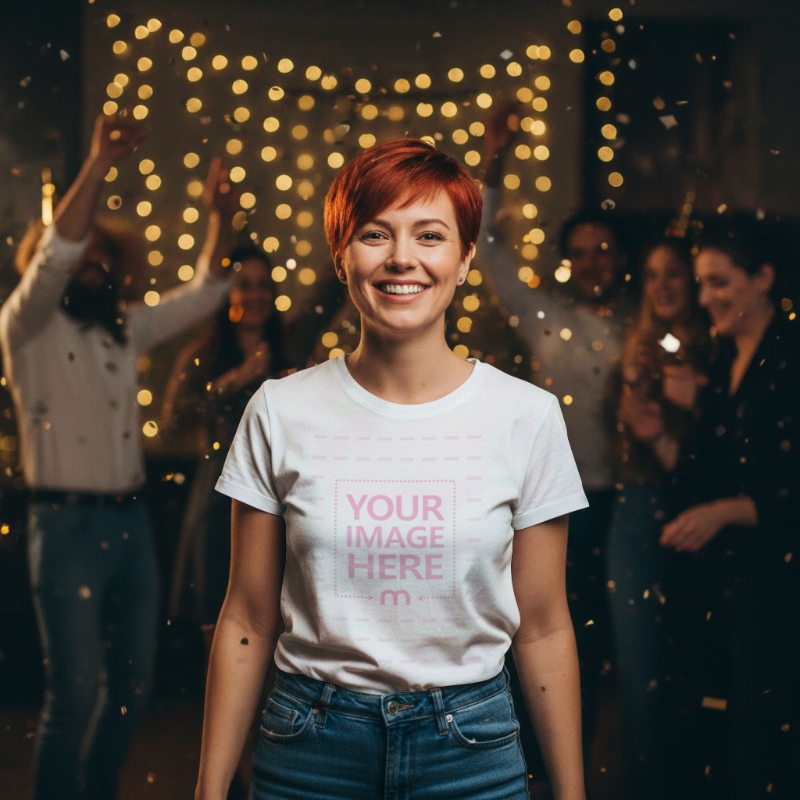 New Year T-Shirt Mockup on Woman in Party Scene preview image