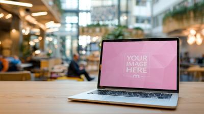 Laptop Mockup on Table with Café Interior Background
