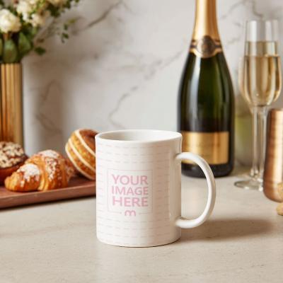 Mug Mockup in Rustic Kitchen with Wine Bottle and Fresh Bread