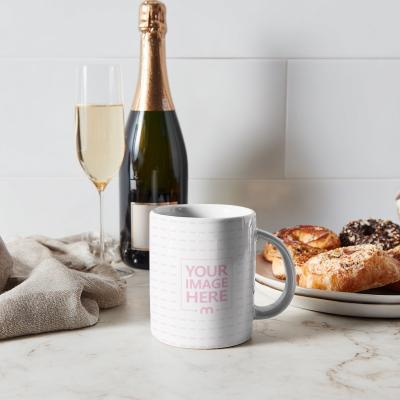 Mug Mockup in Bright Kitchen with Wine and Bread in Table