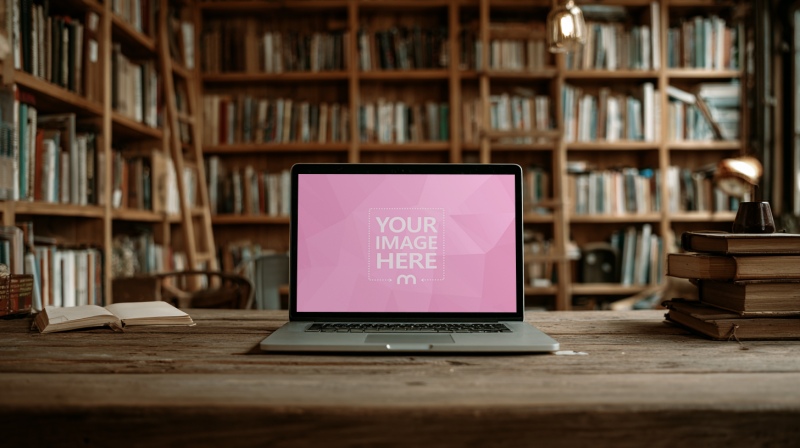 Laptop Mockup on Tabletop with Library Books in Background preview image