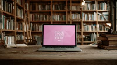 Laptop Mockup on Tabletop with Library Books in Background