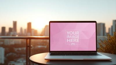 Laptop Mockup on Table with Urban City View at Sunset