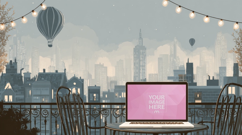 Laptop Mockup on Table with Artistic View of Building Paintings preview image