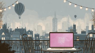 Laptop Mockup on Table with Artistic View of Building Paintings