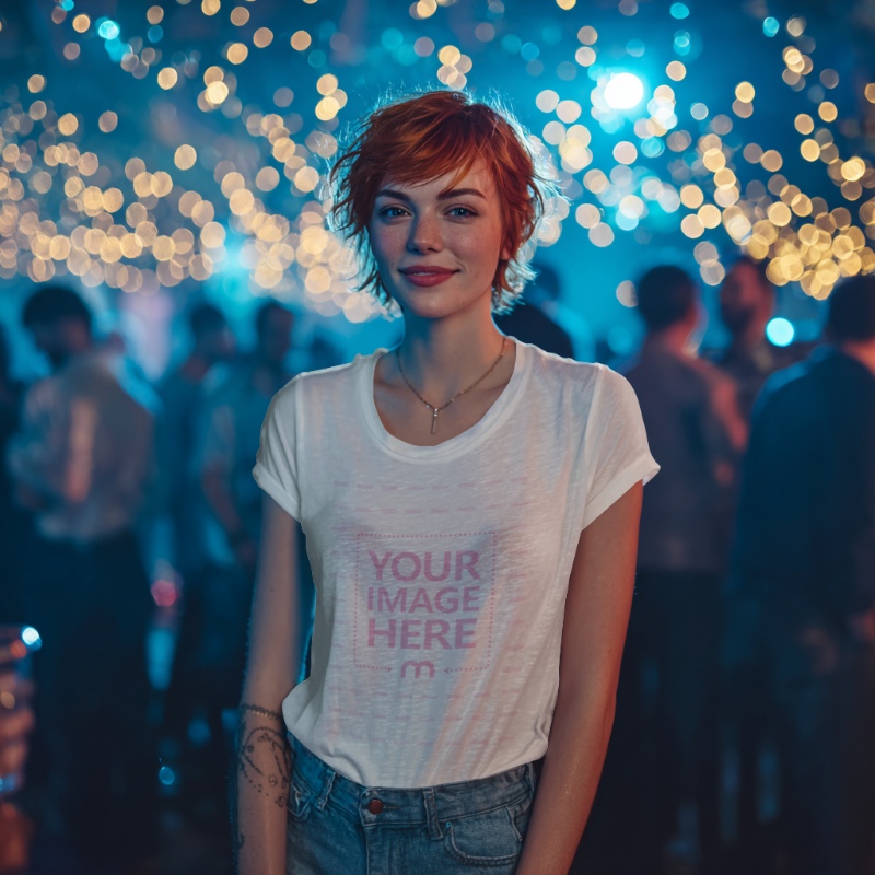 New Year T-Shirt Mockup with Woman in Nighttime Party preview image