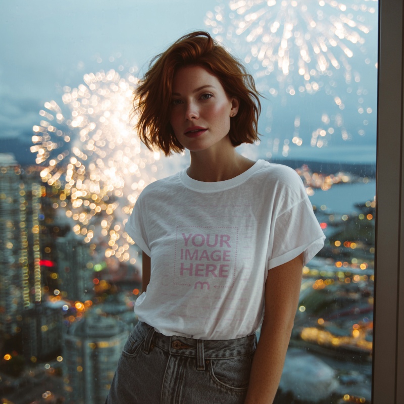 Shirt Mockup with Woman in Front of New Year Fireworks preview image