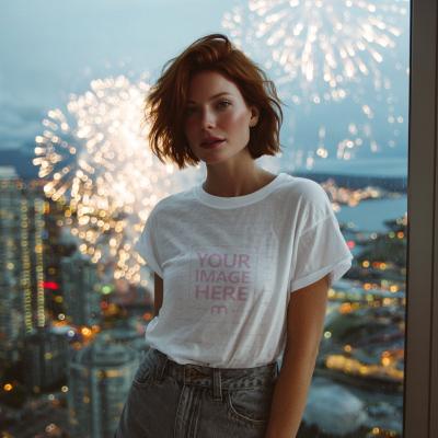Shirt Mockup with Woman in Front of New Year Fireworks