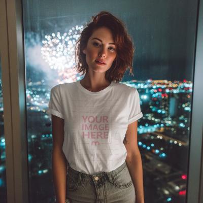New Year T-Shirt Mockup with Woman in Fireworks City Backdrop