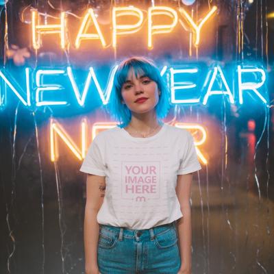 T-Shirt Mockup with Blue-Haired Woman and New Year Background