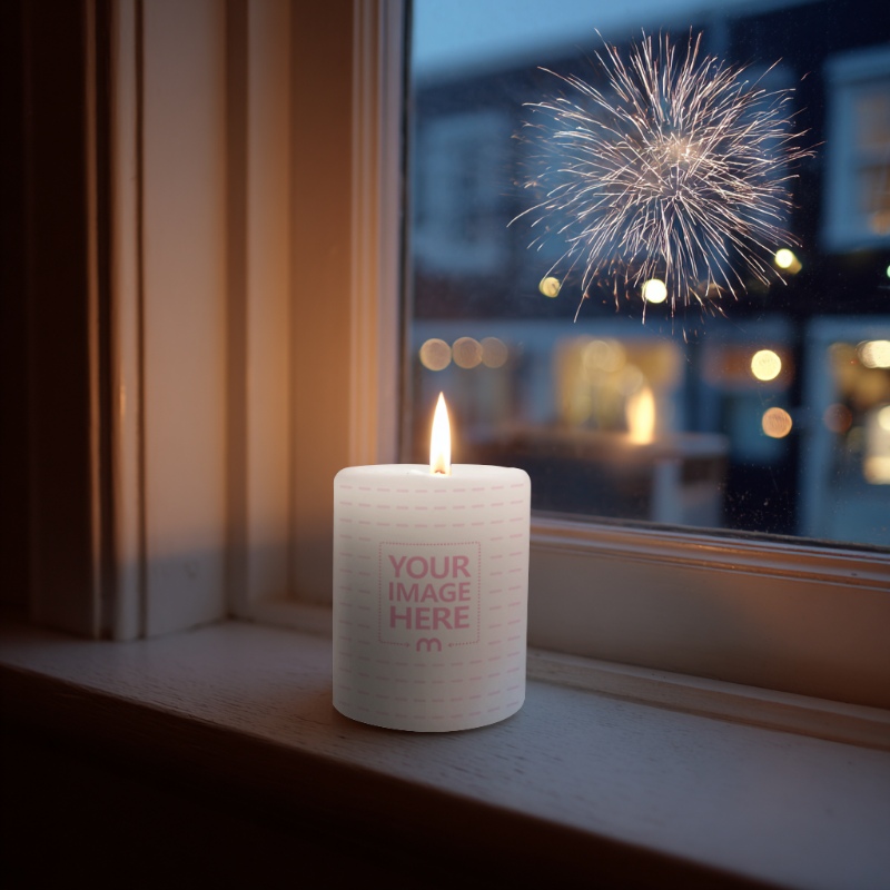 Candle Mockup by Window with New Year Fireworks preview image