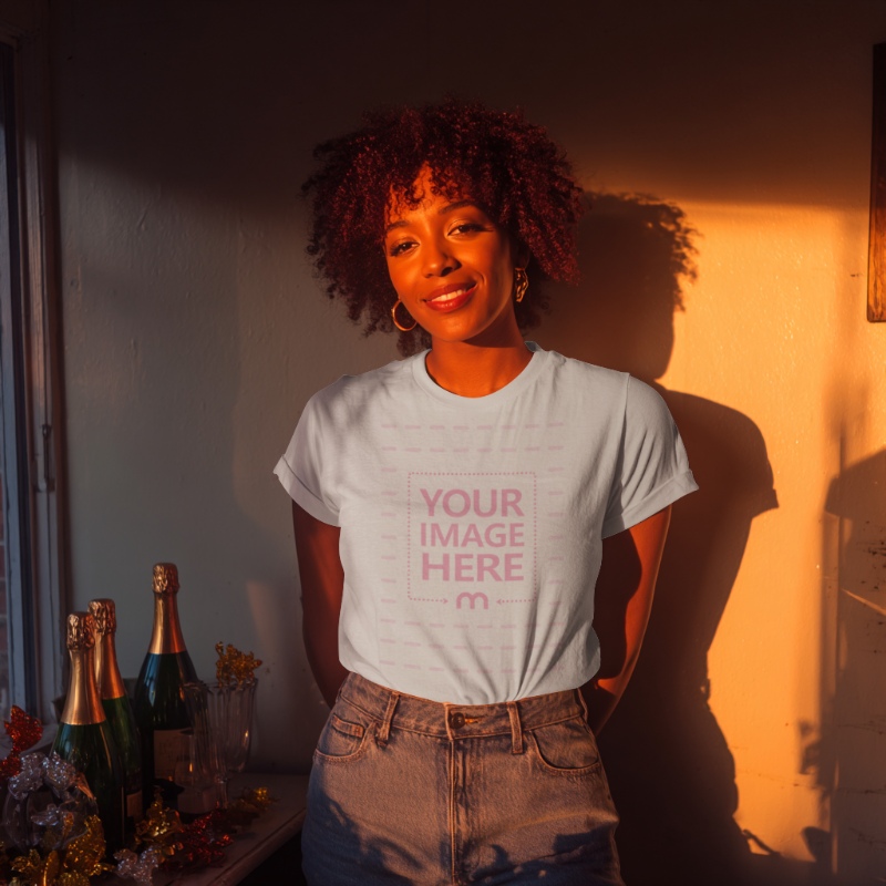 T-Shirt Mockup with Curly-Haired Woman in Indoor Light preview image