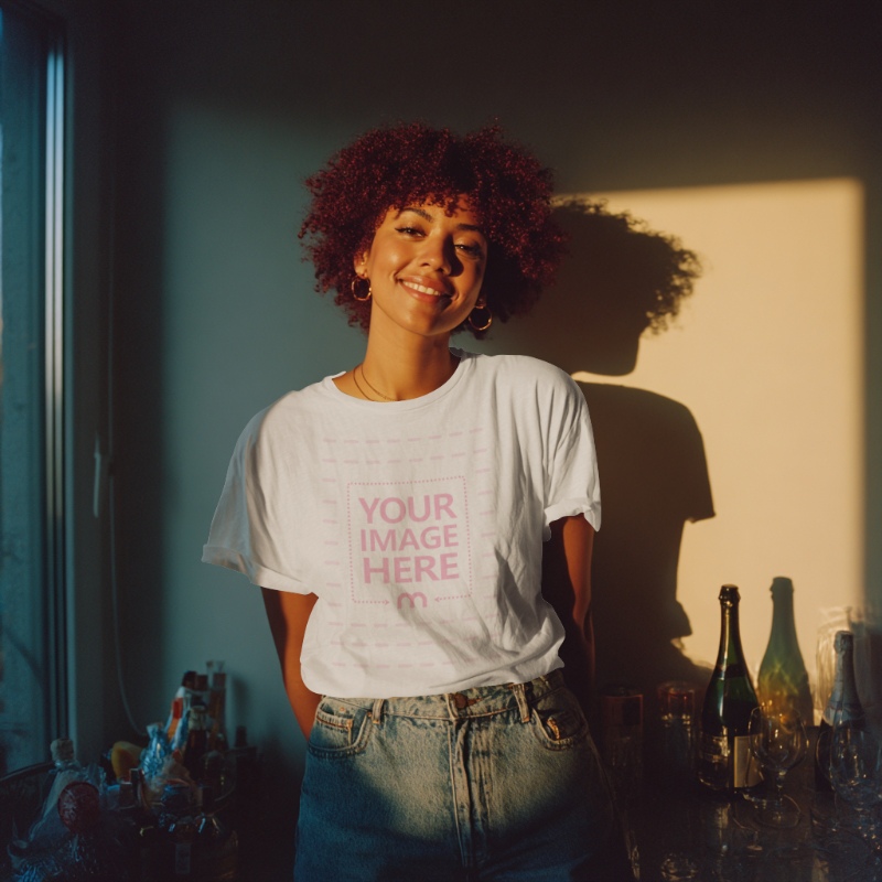 T-Shirt Mockup with Curly-Haired Woman Indoor Scene preview image