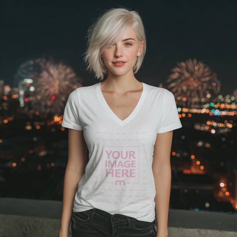 T-Shirt Mockup with Woman Posing in New Year Fireworks Behind preview image