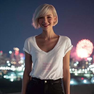 T-Shirt Mockup with Woman in New Year Fireworks Behind