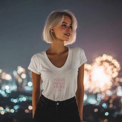 New Year T-Shirt Mockup with Blonde Woman