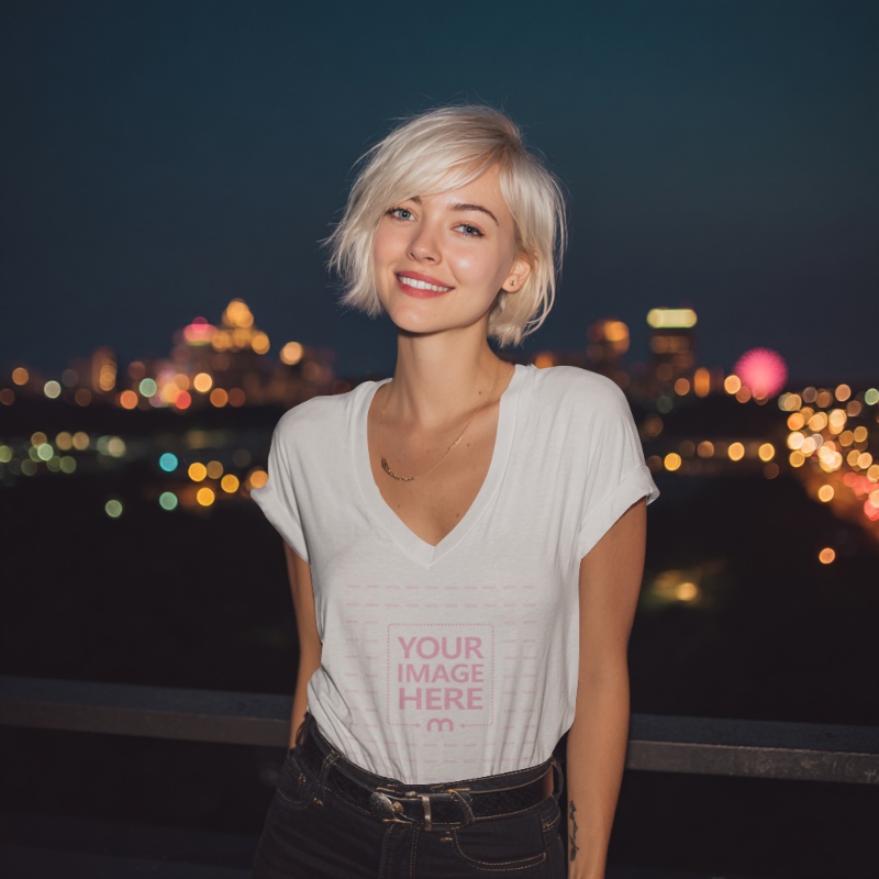 New Year T-Shirt Mockup with Blonde Woman on City Background preview image