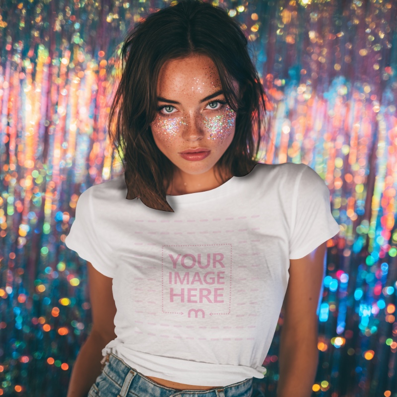 T-Shirt Mockup with Woman in Glitter Makeup and Party Lights preview image