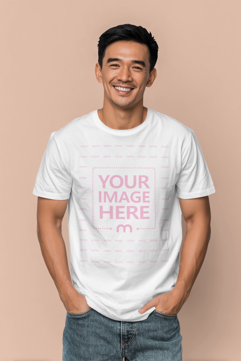T-Shirt Mockup with Smiling Man on Light Background in Studio preview image