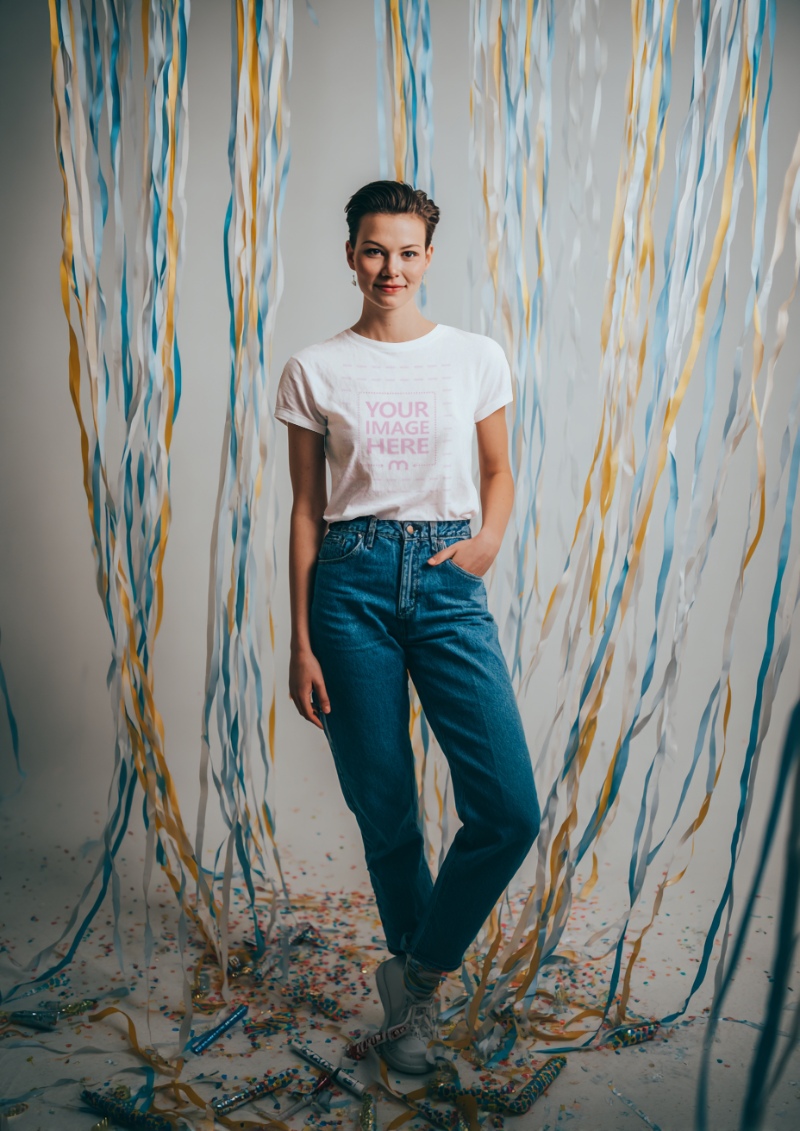 T-Shirt Mockup with Woman in Party Rope Décor Scene preview image