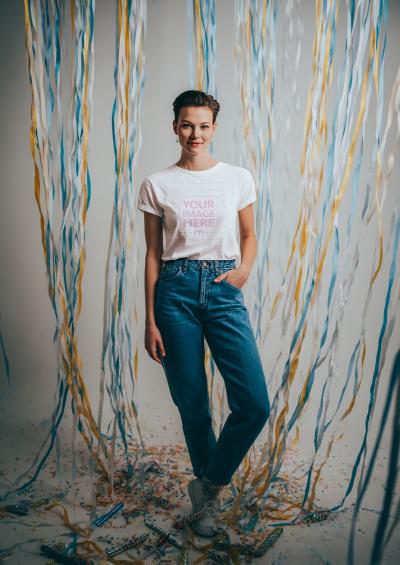 T-Shirt Mockup with Woman in Party Rope Décor Scene