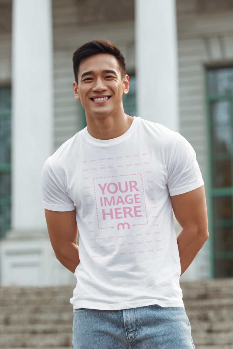 T-Shirt Mockup with Smiling Man Outdoors in Urban Scene preview image
