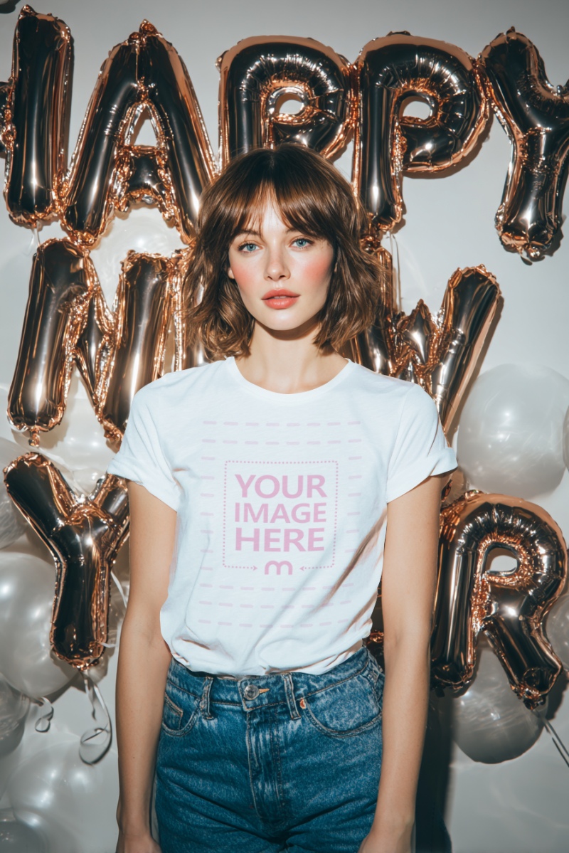 T-Shirt Mockup with Woman and New Year Balloons in Festive Party preview image
