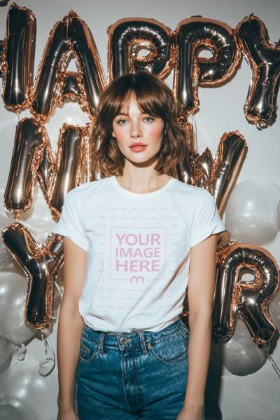 T-Shirt Mockup with Woman and New Year Balloons in Festive Party