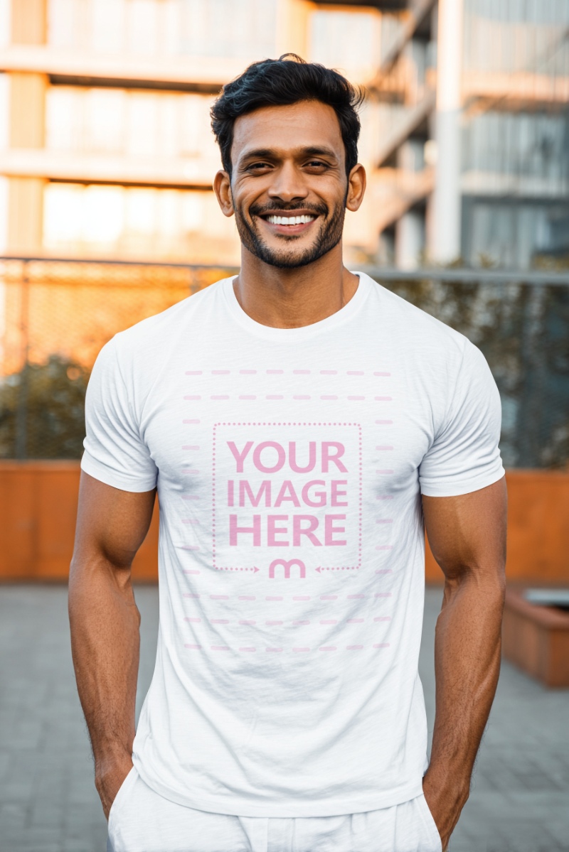 T-Shirt Mockup with Smiling Man Outdoors and City Buildings preview image