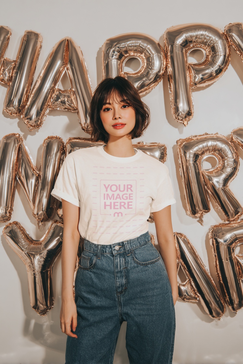 T-Shirt Mockup on Woman with New Year Balloon in Festive Décor preview image