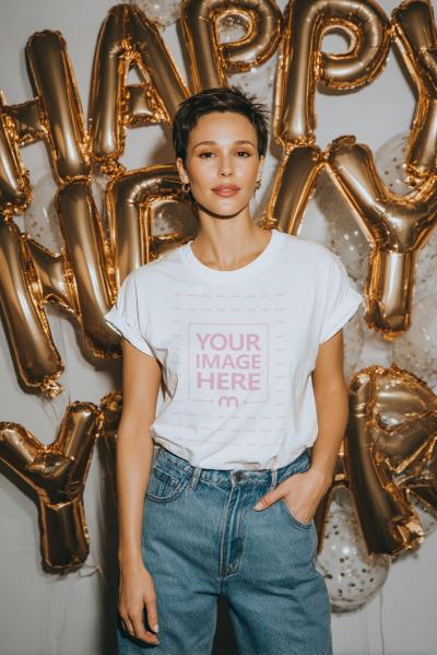T-Shirt Mockup on Short-Haired Woman New Year Balloon