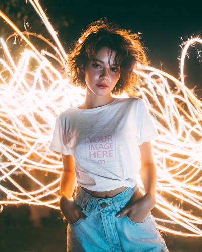 T-Shirt Mockup on Woman with Party Lighting
