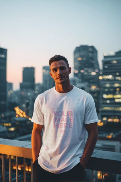 T-Shirt Mockup on Male Model with City View as Background