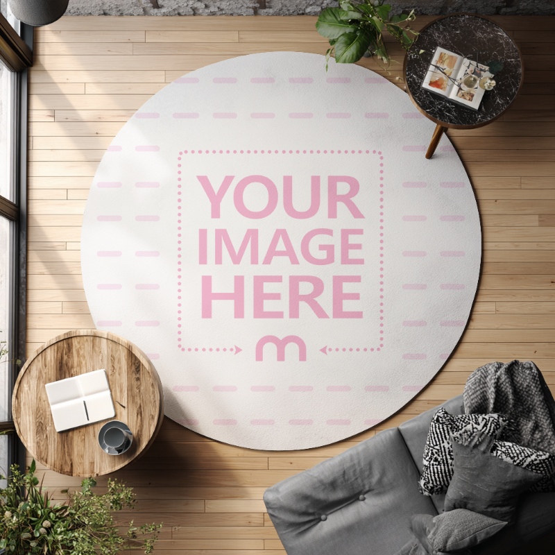 Round Mat Mockup Top View in Minimalist Living Room Scene preview image