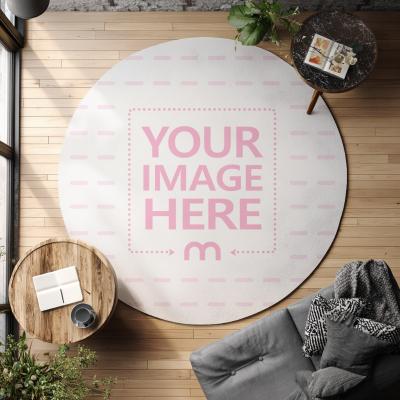 Round Mat Mockup Top View in Minimalist Living Room Scene