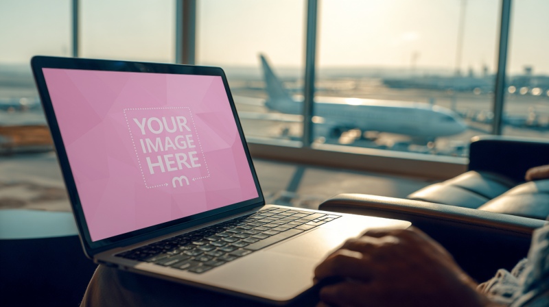 Laptop Screen Mockup Side View on Lap with Airport Background preview image