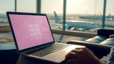 Laptop Screen Mockup Side View on Lap with Airport Background
