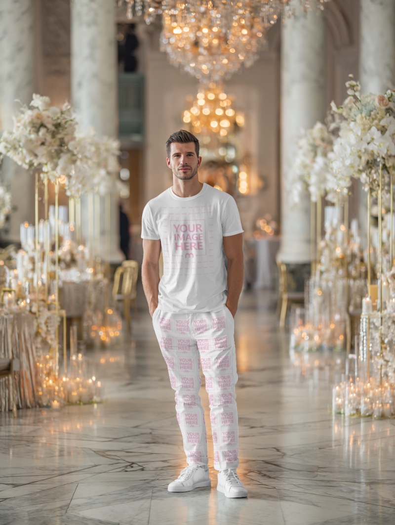 T-Shirt and Pants Mockup on Man in Elegant White Interior preview image
