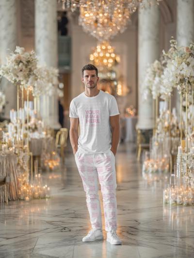T-Shirt and Pants Mockup on Man in Elegant White Interior