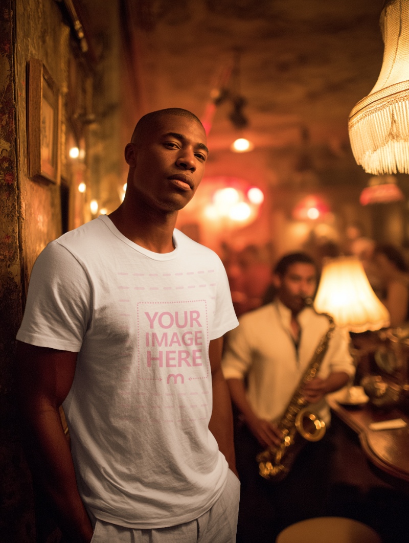T-Shirt Mockup on Man with Vintage Jazz Club Background preview image