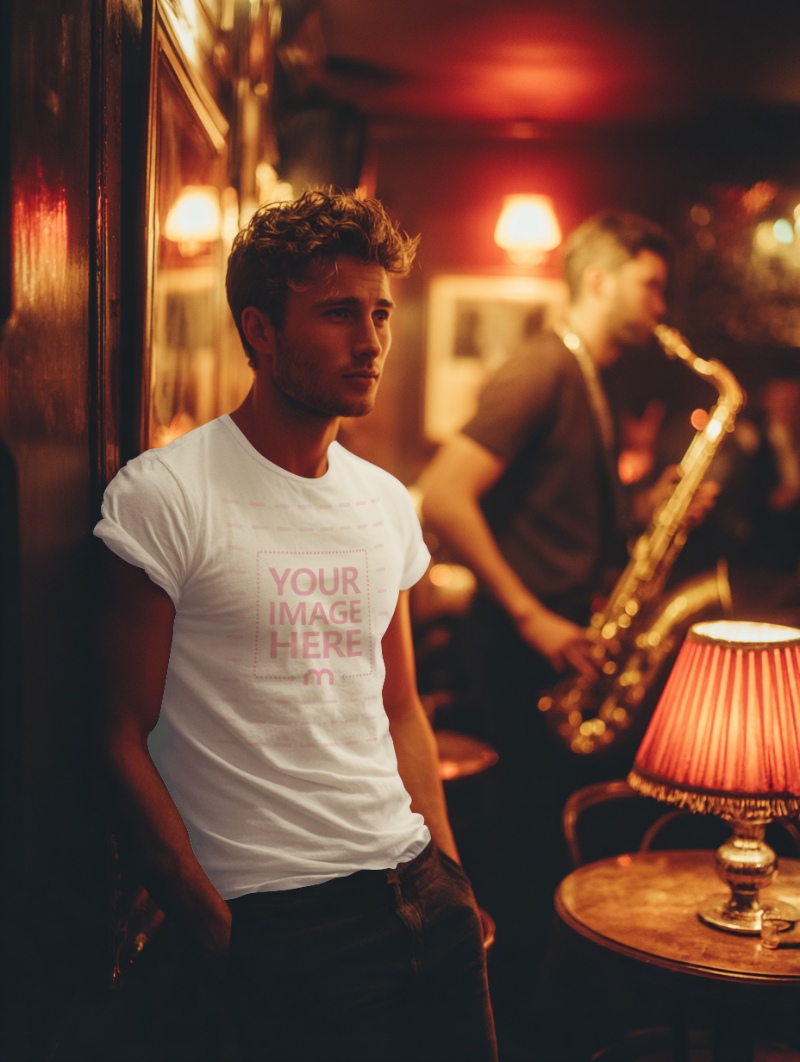 T-Shirt Mockup on a Man in Vintage Club Interior preview image