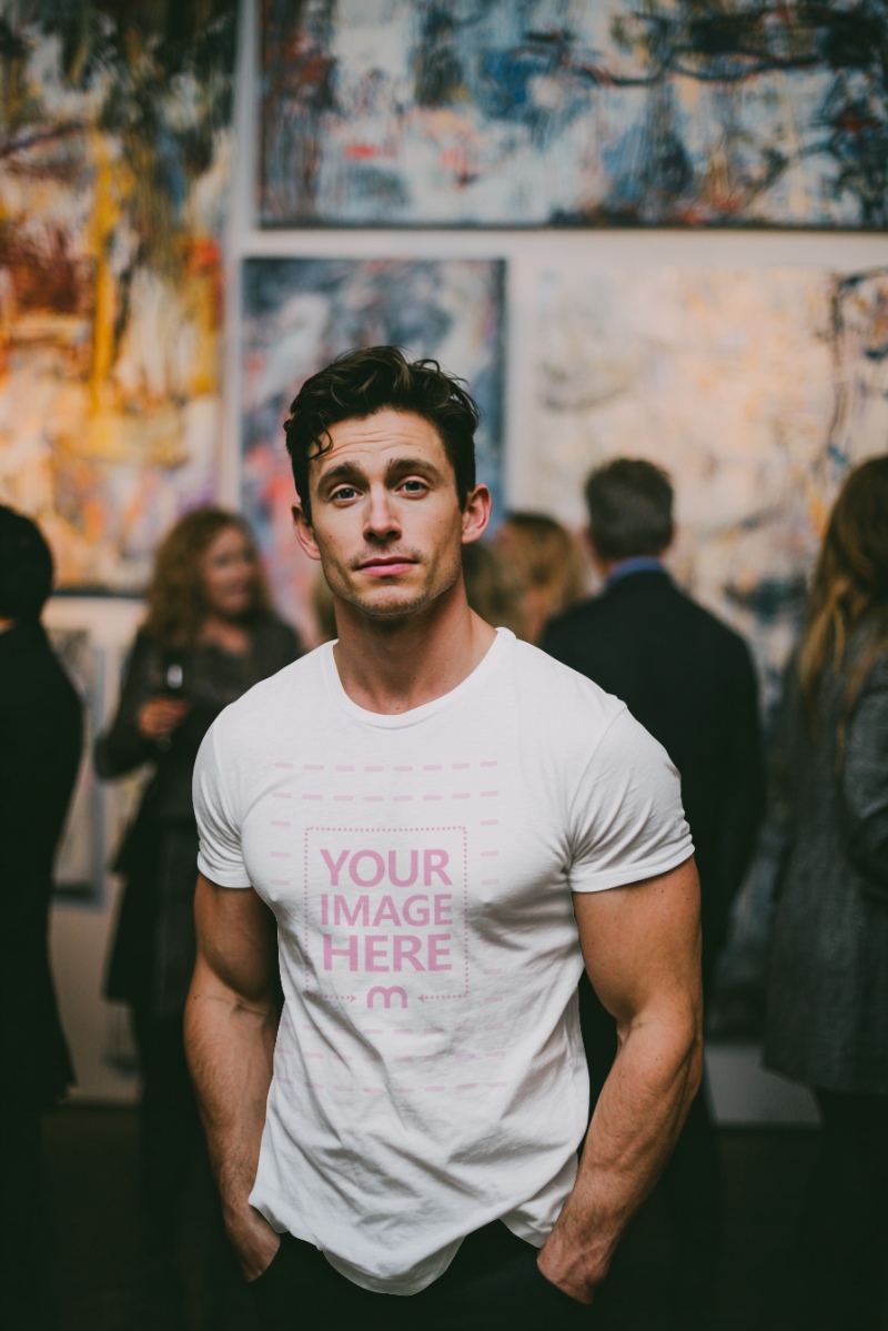 T-Shirt Mockup on Man with Art Exhibition Background preview image