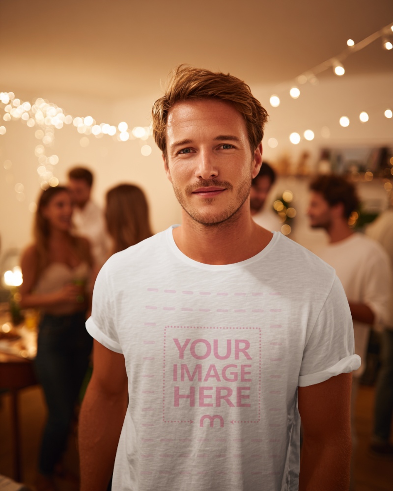 T-Shirt Mockup with Man Standing on New Year Party preview image