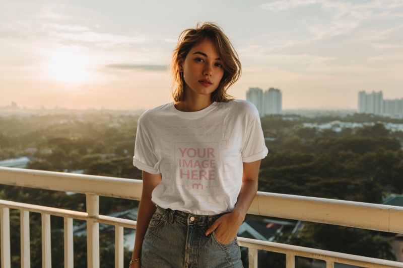 T-Shirt Mockup with Woman on Balcony Overlooking City preview image