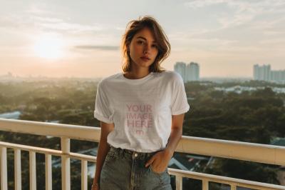 T-Shirt Mockup with Woman on Balcony Overlooking City