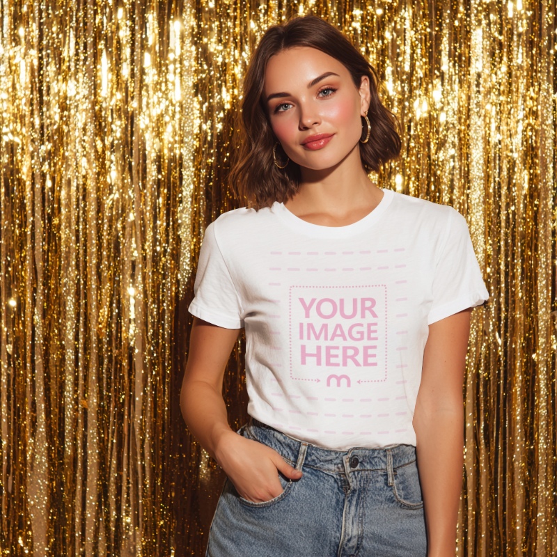 T-Shirt Mockup on Woman with Yellow Glittery Background preview image