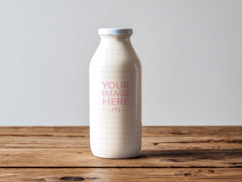 Milk Bottle Mockup on Wooden Table in Studio Scene preview image