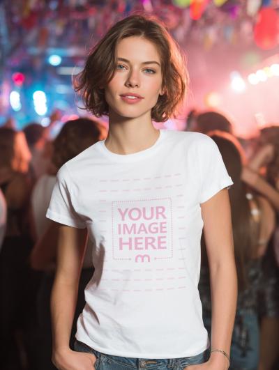 T-Shirt Mockup with Woman in Focus and Colorful Crowd Behind Her