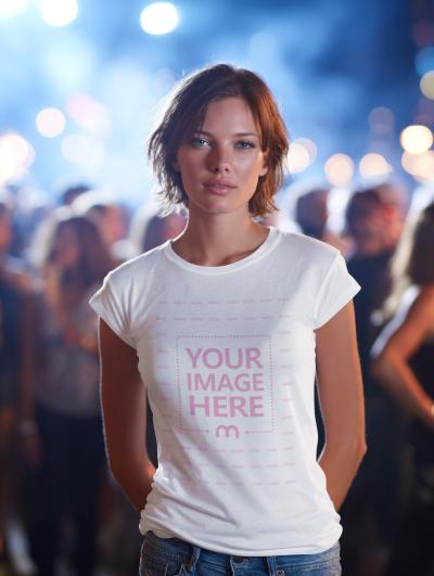 T-Shirt Mockup on Woman in Focus with Crowd Background