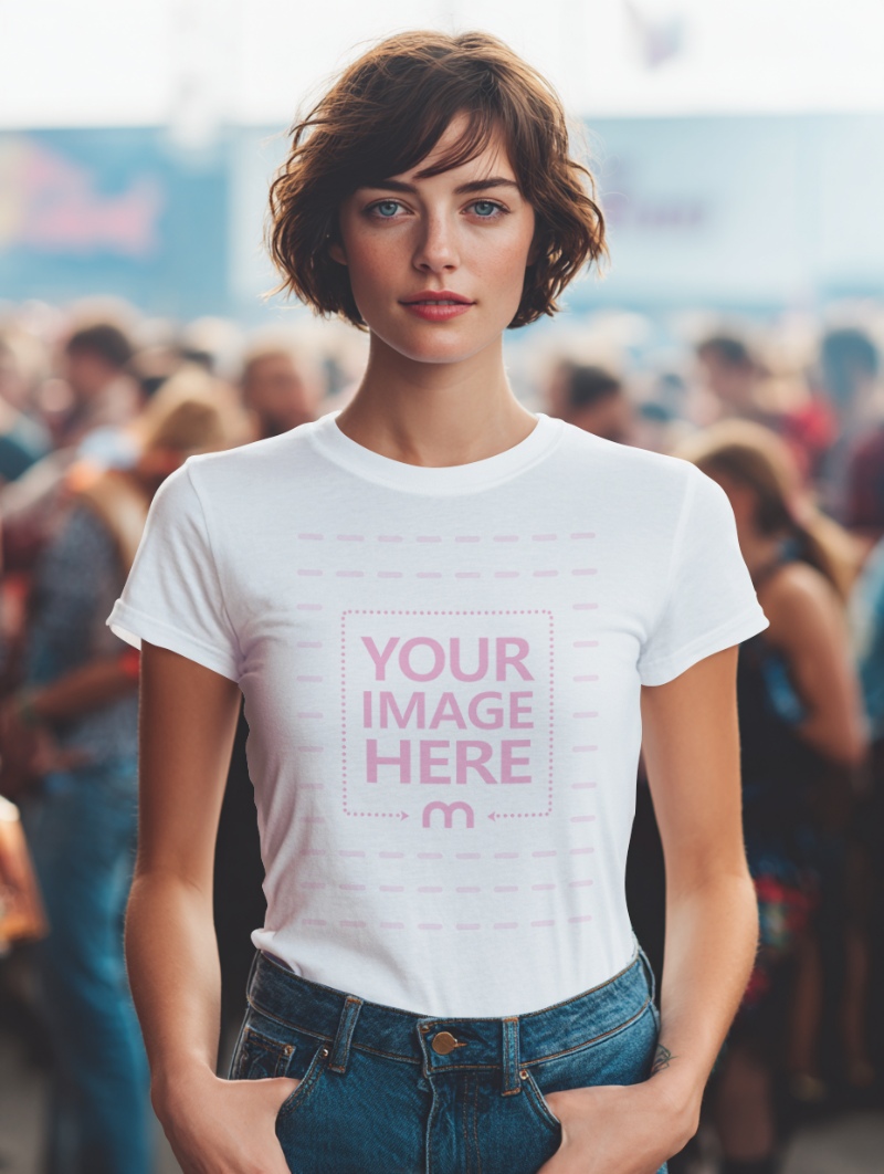T-Shirt Mockup on Woman in Crowd Background preview image